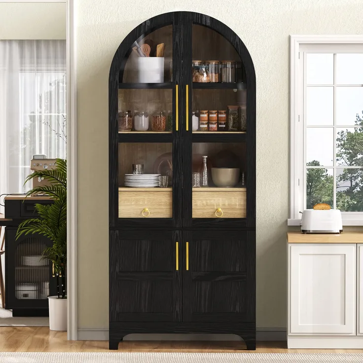 EINHOM Highboard mit verstellbaren Regalböden und Schublade, Küchenschrank mit Riffelglas und großem Stauraum, Ideal für Esszimmer, Wohnzimmer und Küche (Schwarz)