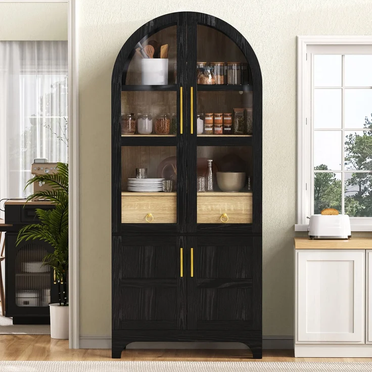 EINHOM Highboard mit verstellbaren Regalböden und Schublade, Küchenschrank mit Riffelglas und großem Stauraum, Ideal für Esszimmer, Wohnzimmer und Küche (Schwarz) – Bild 1