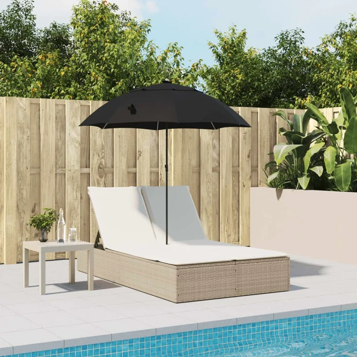 Doppel-Sonnenliege, Gartenliege mit Kissen & Sonnenschirm Beige Poly Rattan – Bild 3