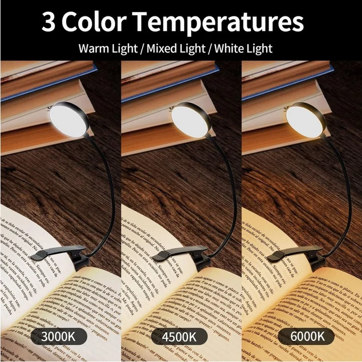 LQWELL LED Leselampe Leselampe Buch Klemme im Bett, USB Wiederaufladbare Leselicht, LED fest integriert, mit 3 Farbtemperaturen, 10 Helligkeitsstufen & Stufenloses Dimmen, 360° Flexibel Buchlampe für Kinder, Buchliebhaber – Bild 2