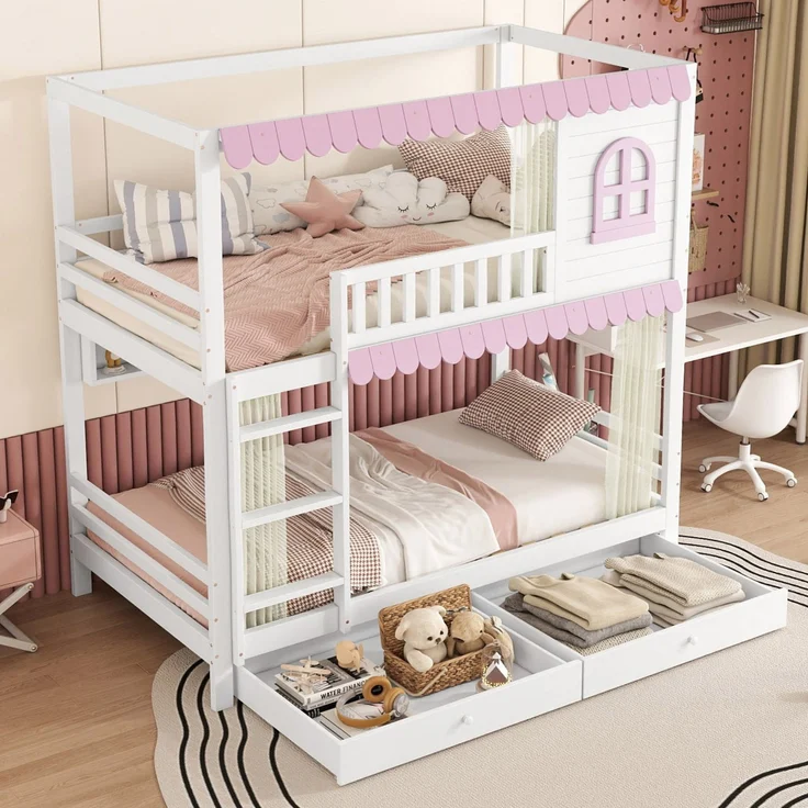 Merax Etagenbett 90x200cm mit 2 Schubladen, Kinderbett Hausbett mit Regal, Hochbett mit Lattenrost und Leiter, Stockbett Holzbett, Weiß+Rosa – Bild 3