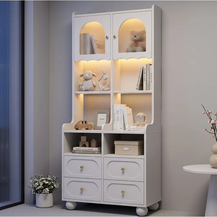 Vitrine 80x40x180 cm in Weiß mit Rippglastür, LED-Beleuchtung und 4 Schubladen – Bild 2