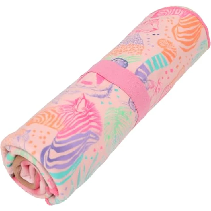 Depesche TOPModel Wild Mikrofaser Handtuch, rosa mit buntem Tier Muster und Gummiband zum Einrollen, 24,5 x 11 x 6,5 cm – Bild 3