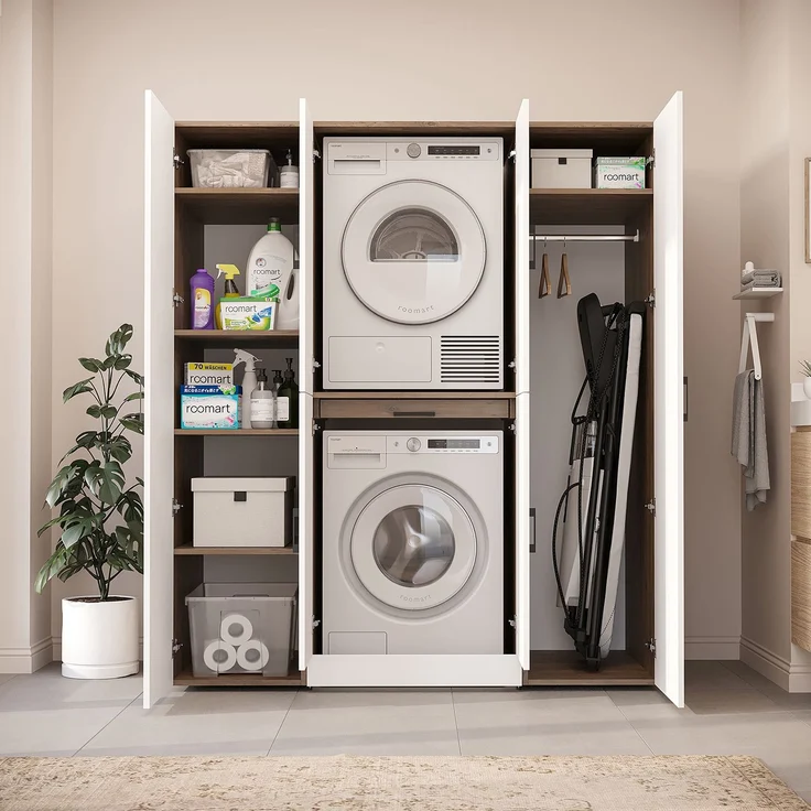 Roomart Waschmaschinenschrank - DORA-I- 160 cm breit - Wasch- & Trocknerschrank mit 2 Hochschränken, Türen & Ausziehbrett, Waschmaschinen-Überbau für Waschküche & Hauswirtschaftsraum • Weiß-Eiche – Bild 6