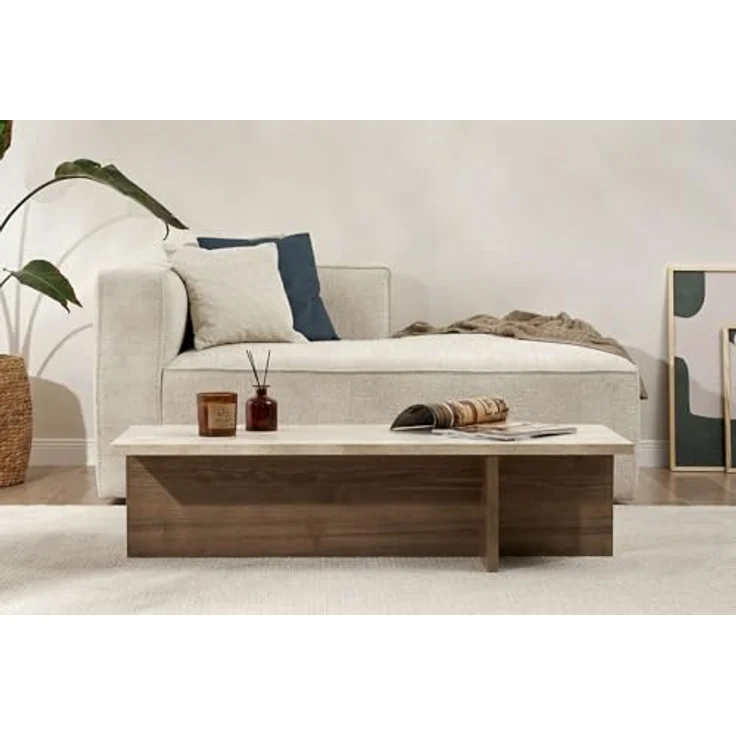 Hanah Home Stilvoller Couchtisch, 120 cm breit, 30 cm hoch, 45 cm tief | 100% melaminbeschichtet, 25 mm stark | Oberfläche in Travertin und Mailänder Nussbaum, langlebig und elegant – Bild 2