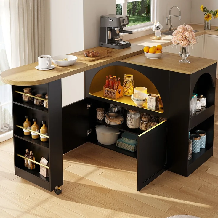 Merax Ausziehbarer Bartisch mit Stauraum(135-205×39×100cm) , Moderner Beweglicher Bar Table, Teleskopischer Bartisch mit LED Hochtisch Kücheninsel, schwarz – Bild 3