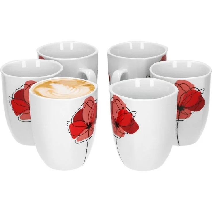 van Well Becher 6er Set Kaffeebecher Monika Mohn Blume Tasse Porzellan 33cl, Porzellan – Bild 1
