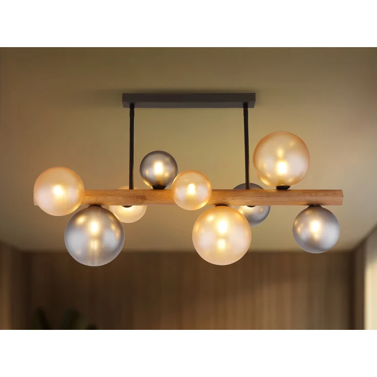 LED Deckenleuchte aus Holz 9-flammig Glaskugeln Rauchglas & Bernstein, B: 78cm – Bild 5