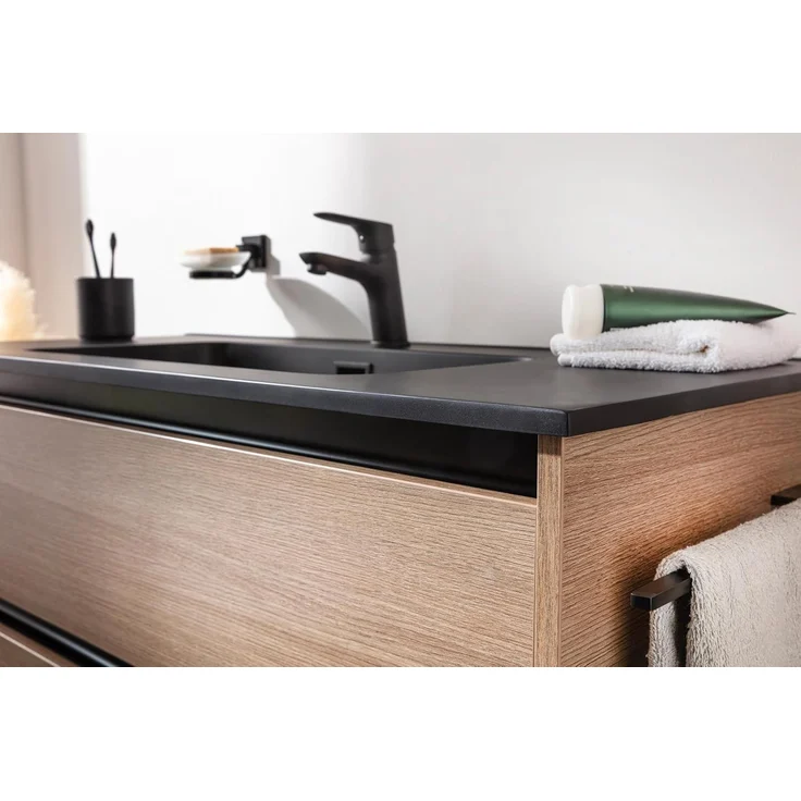 FACKELMANN VITA Waschbecken mit Unterschrank 101 cm breit, Braun hell, Waschbecken Gussmarmor Schwarz matt – Bild 4