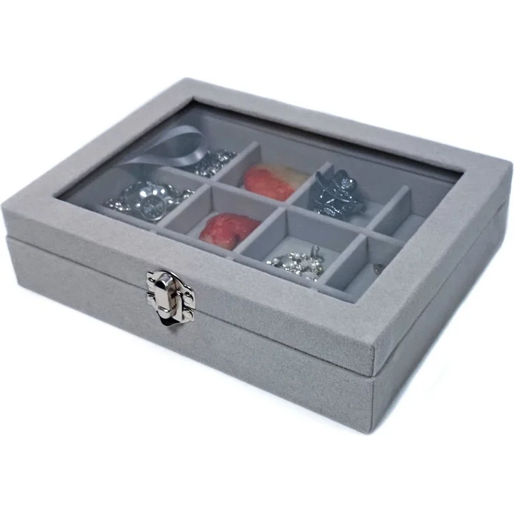 Yudu Aufbewahrungsbox Schmucktablett Schmucklade Schmuckkästchen mit Glasdeckel grau – Bild 3