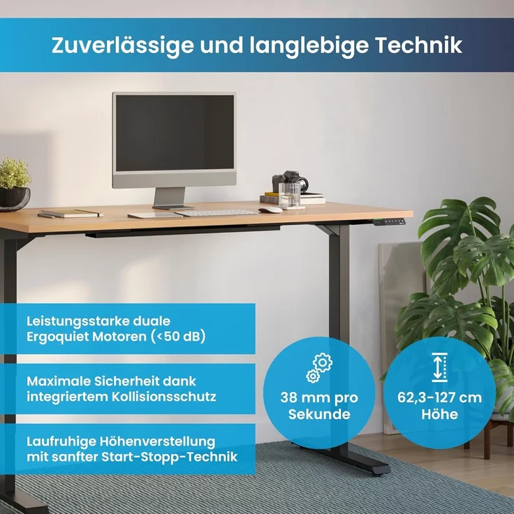 Desktopia Pro X - Elektrisch höhenverstellbarer Schreibtisch / Ergonomischer Tisch mit Memory-Funktion, Buche, Gestell Weiß, 180x80 cm – Bild 6