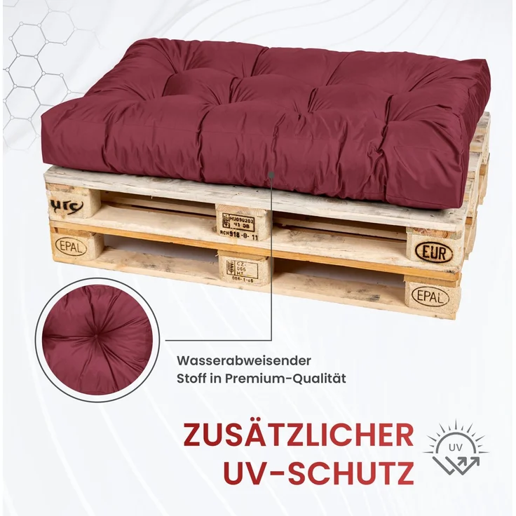 TexDeko® Garden Seitenkissen 60 x 40 x 20/10cm wasserabweisend UV - beständig gesteppt Premium Kissen für Europaletten In- & Outdoor Palettenpolster (Bordeaux) – Bild 4