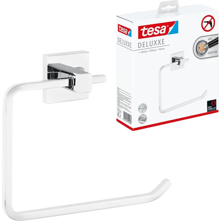 tesa Handtuchring DELUXXE Handtuchhalter ohne Bohren - 15,6 cm : 12,5 cm : 18,4 cm, selbstklebender Handtuchhalter - chrom - silber glänzend
