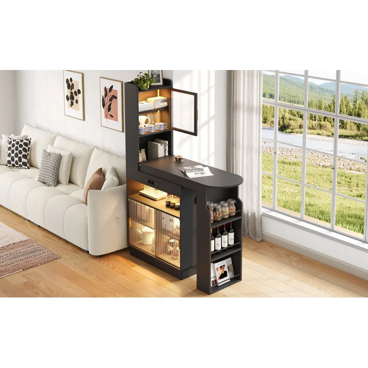 ZUBALIYA Küchenschrank mit Glastüren / Barschrank & Sideboard, mit ausziehbarer Bartisch & Stehtisch mit Stauraum und steckdose, Schwarz, 131–170 x 40 x 170 cm, fürs Büro, mit LED, Samt – Bild 20