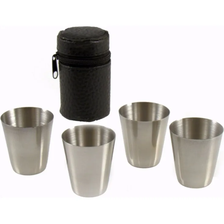 LK Trend & Style Likörbecher Schnaps Shot-Becher Stamperl für Unterwegs, Edelstahl, 4-teilig mit Ledertasche