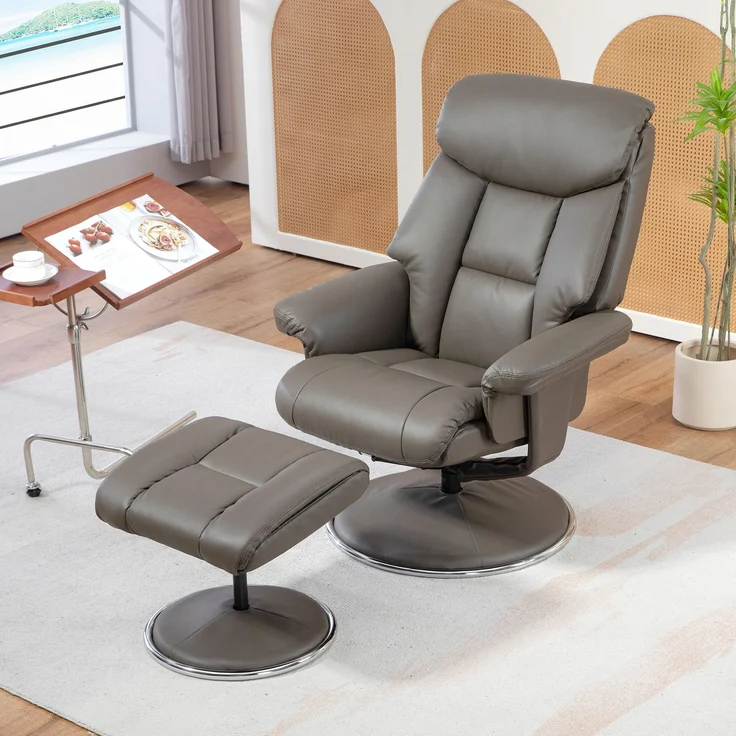 Relaxsessel mit Hocker, Rückenlehne verstellbar, Kunstleder, bis 150 kg, Grau--Grau--81x95x107cm--YOUDENOVA – Bild 4