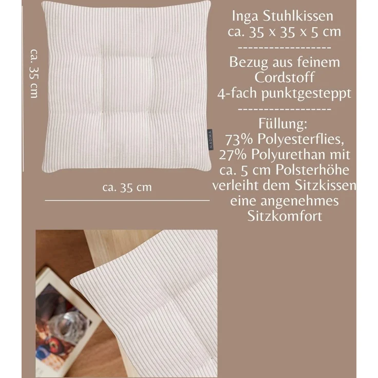 MAGMA Stuhlkissen Sitzkissen INGA - ca. 35 x 35 x 5 cm Cordstoff 2er Set natur – Bild 4
