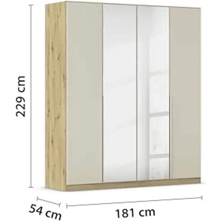 Rauch Möbel Alabama, Kleiderschrank für Schlafzimmer, Kinderzimmer, Wohnzimmer, Garderobe, Flur, 4-türig, Spiegel, mit Zubehör Premium, Farbe Beige/Eiche Artisan. Holz, Breite 181 cm – Bild 3