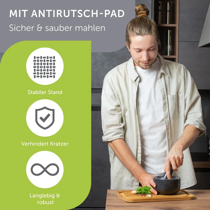 madeco Mörser mit Stößel Marmor Ø 14 cm - Perfekt geeignet für Gewürze, Kräuter & Nüsse - Steinmörser Set mit praktischem Antirutsch-Pad - Design Marmor Mörser & Stößel groß – Bild 3