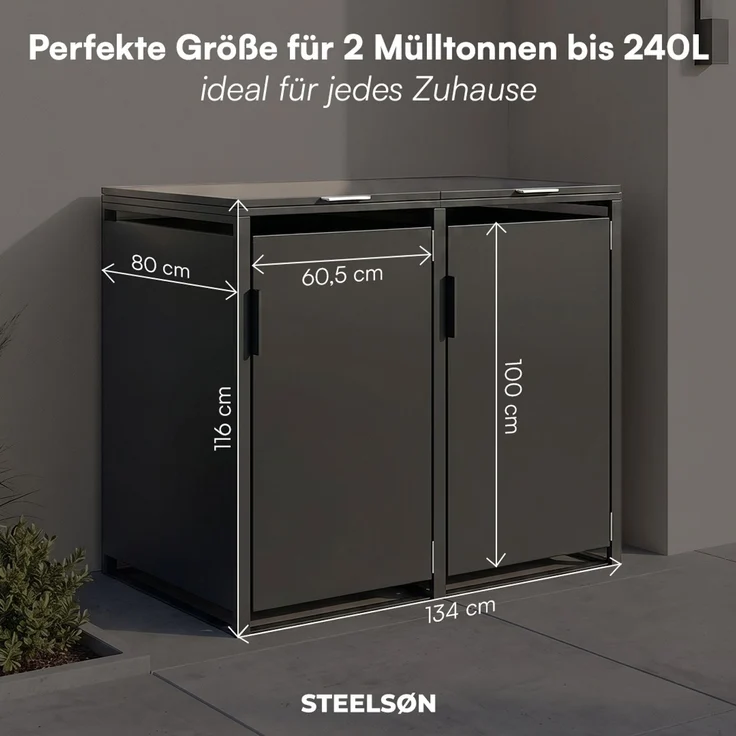 STEELSØN 'Thoria' Mülltonnenbox 2er je 240 Liter, graphitschwarz, Mülltonnenverkleidung aus Stahl, wetterfest, 116x80x134 cm, Müllbox für 2 Tonnen – Bild 8