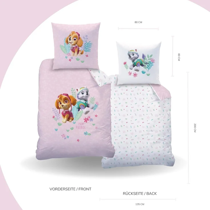 MTOnlinehandel Kinderbettwäsche Paw Patrol Biber/ Flanell in 135x200 + 80x80 cm, 100% Baumwolle, 2 teilig, Skye & Everest, kuschelig und weich, rosa, Mädchen – Bild 3