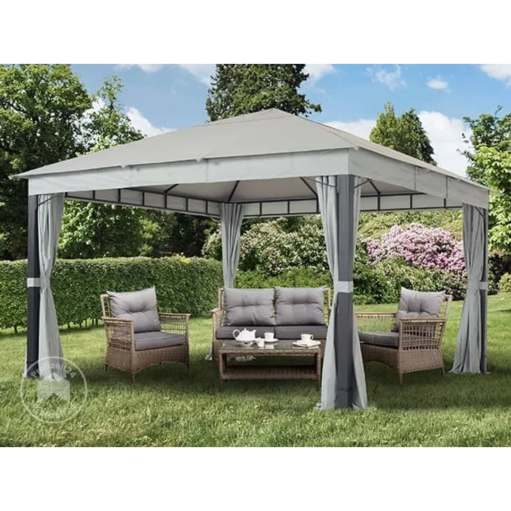 Gartenpavillon 4x4 m ALU PREMIUM ca. 220g/m² Dachplane wasserdicht, Pavillon Gartenzelt 4 Seitenteile hellgrau