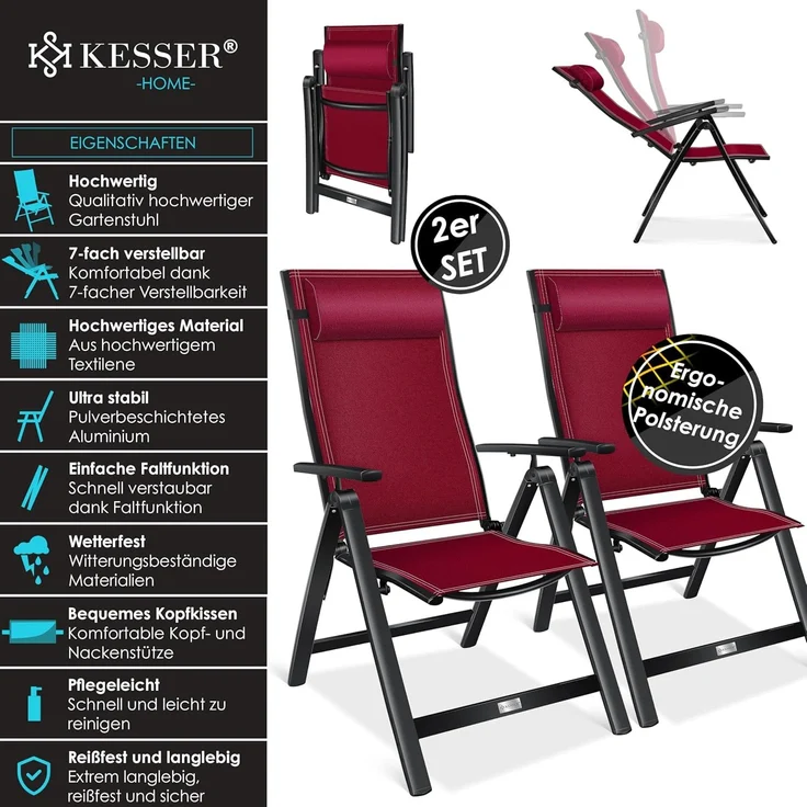 KESSER® Gartenstuhl Hochlehner mit Armlehnen | Aluminium Klappstuhl inkl. Kopfkissen Campingstuhl 7-Fach Verstellbar Rückenlehne | Atmungsaktiv & Wetterfest | Klappbar & Anti-Rutsch 2 Stück, Bordeaux Rot – Bild 3