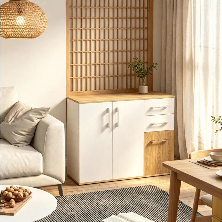 DESVIAE Sideboard Weiß/Natur aus Spanplatte – 90x75,5x30 cm – 2 Schubladen, verstellbarer Einlegeboden – Bild 1