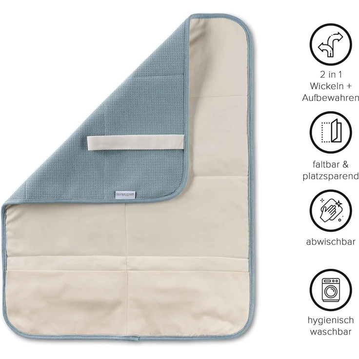 Hofbrucker® Windeltasche mit Wickelunterlage für unterwegs, faltbare Wickelclutch mit Organizer für Windeln & Feuchttücher, Abwischbar, Must Have für die Baby Erstausstattung (taubenblau) – Bild 9