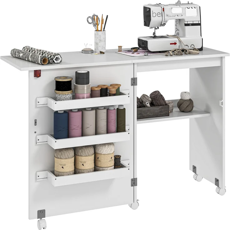 Wohnora-Klappbarer Nähtisch mit ausklappbarer Tischplatte, Aufbewahrungsboxen, offenem Regal und Rollen, weiß,H 775cm x T 1170cm x B 400cm – Bild 1