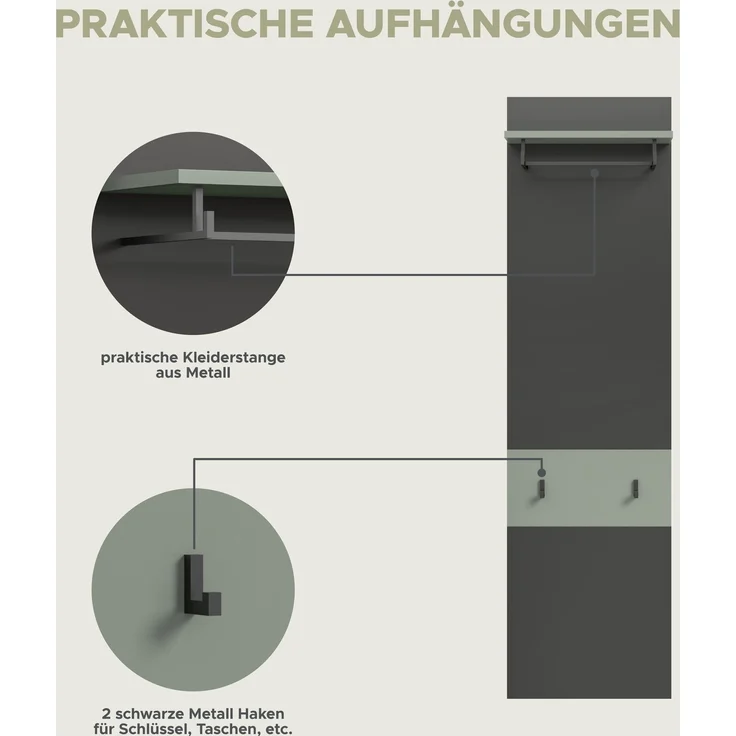 Garderobenkombination (B/H/T: 140x190x37 cm) in Smoke Green Nachbildung – Bild 10