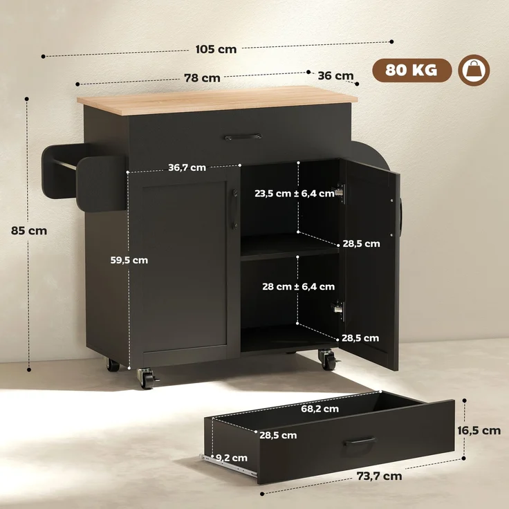 Wohnora-Kücheninsel mit mehreren Schubladen, 2-türiger Schrank mit verstellbarem Einlegeboden, 105 x 36 x 85 cm, schwarz,H 850cm x T 1050cm x B 360cm – Bild 4
