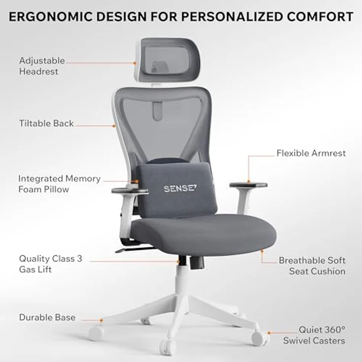 SENSE7 Bürostuhl Ergonomisch - FlowTech™ Schreibtischstuhl mit Verstellbarer Lordosenstütze & Kopfstütze für Arbeitstage - Atmungsaktives Mesh Ergonomischer Bürostuhl bis 150kg – Tone Weiß-Grau – Bild 4