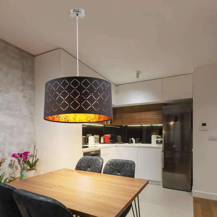 Hängeleuchte, Metall Textilschirm, schwarz gold, H 140cm – Bild 4