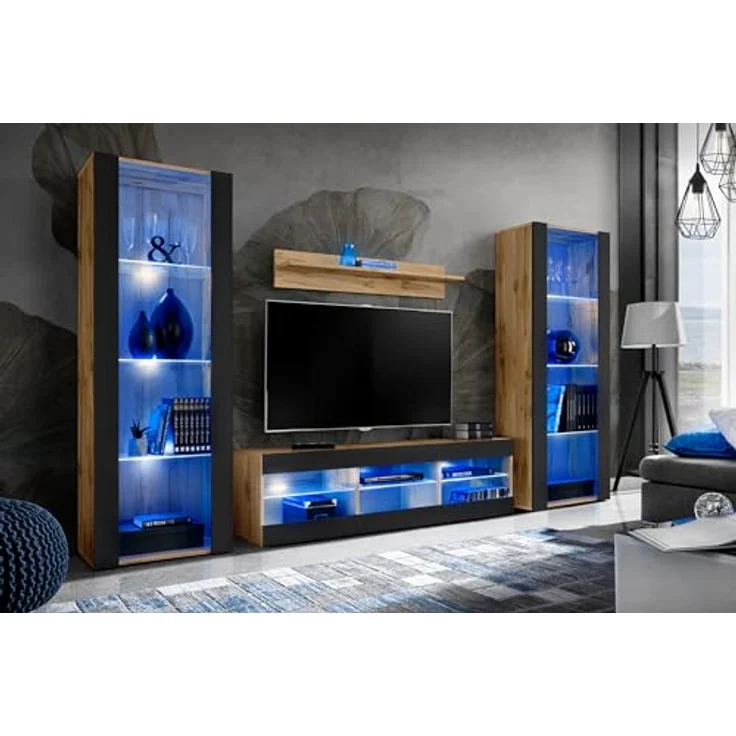Komodee Wohnzimmerset Tivoli Grande, Eiche Wotan, Schwarz, 9 Fächer, rechteckig, 250x159x35 cm – Bild 1