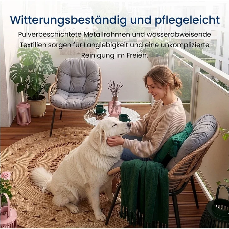 Home Collective Gartenlounge-Set Balkonmöbel Lounge Möbel Outdoor Sitzgruppe mit Beistelltisch, (3-teiliges Set mit 2 Stühlen und 1 Beistelltisch Ø 56 cm, inkl. abziehbarer Kissen) – Bild 3