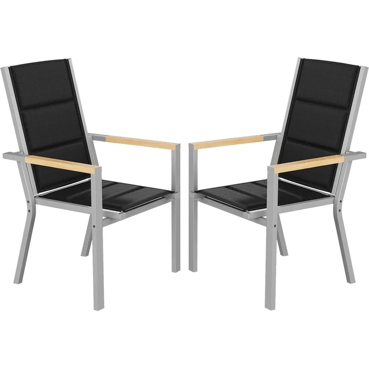 JUMMICO Gartenstuhl Stapelbar, Voll-Aluminium Gestell mit Komfortsitz, Stabiles Design & Holzoptik-Armlehnen für Terrasse, Garten und Poolbereich