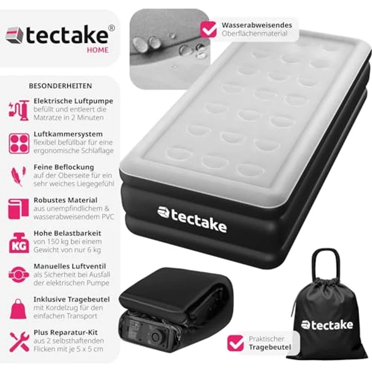 tectake Luftbett AirDreams, selbstaufblasbar mit elektrischer Pumpe, Schwarz/Weiß, 200 x 101 cm, belastbar bis 150 kg – Bild 3