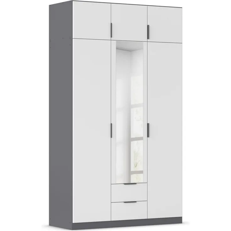 Rauch Möbel Lagoa, Kleiderschrank, Garderobe für Schlafzimmer, Kinderzimmer, Jugendzimmer 6-türig, mit Spiegel, 2 Schubladen, mit Zubehör Classic, Farbe Weiß /Grau metallic, Schwarz, Breite 136