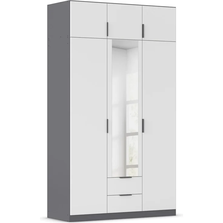 Rauch Möbel Lagoa, Kleiderschrank, Garderobe für Schlafzimmer, Kinderzimmer, Jugendzimmer 6-türig, mit Spiegel, 2 Schubladen, mit Zubehör Classic, Farbe Weiß /Grau metallic, Schwarz, Breite 136