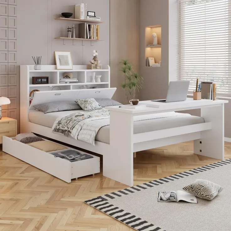 Kinderbett mit Stauraum und Klapptisch, mit Lattenrost, Regal, Schrank, Schubladen und Klapptisch, Holzbett, Stauraumbett, 90x200 cm – Bild 3