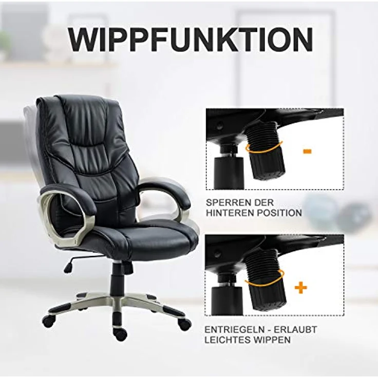 HOMCOM Bürosessel, Drehstuhl aus Kunstleder mit ergonomischer Rückenlehne, schwarz, 58x124x70 cm, höhenverstellbar – Bild 6
