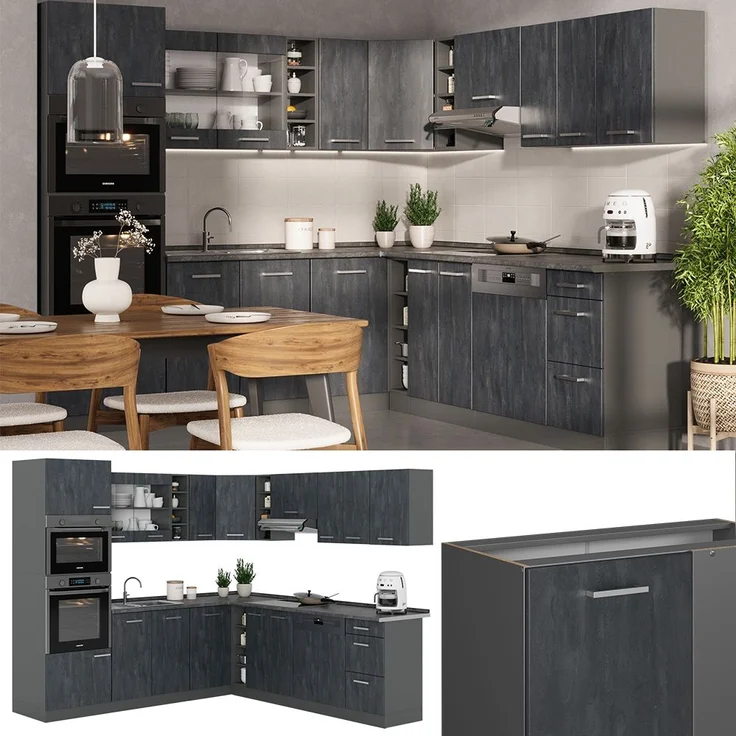 Einbauküche in L-Form R-Line Schwarz Beton/Anthrazit 247 x 46 cm ohne Arbeitsplatte Vicco – Bild 2