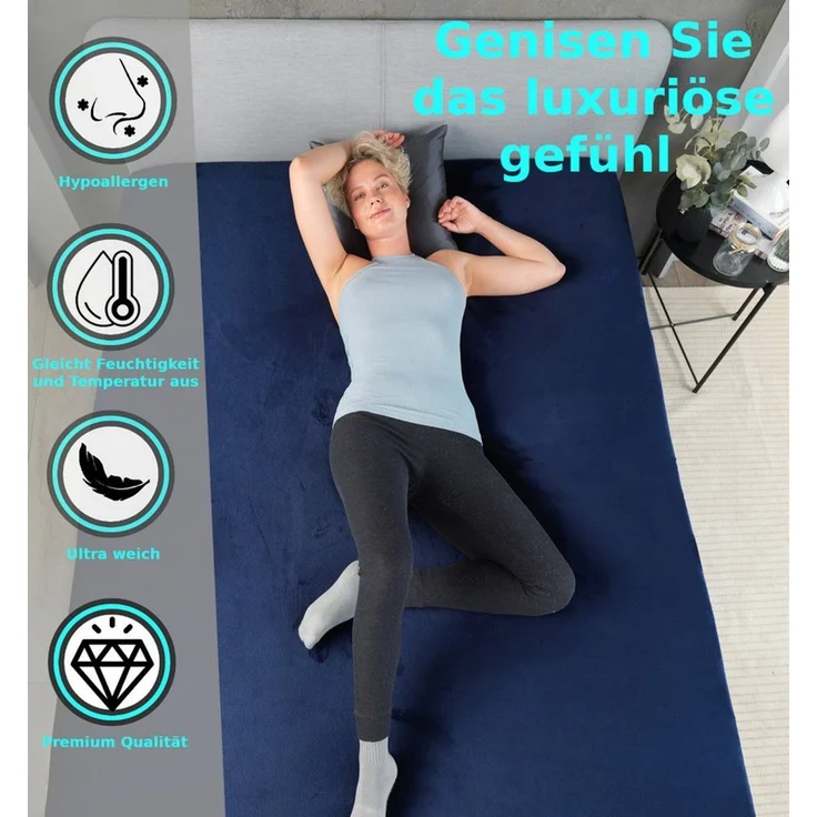 MALIKA® Premium warme Spannbettlaken Cashmere-Touch Bettlaken Jersey Fleece Spannbetttuch Laken, Farbe:Navy-Blau, Größe:90-100x200 cm – Bild 2