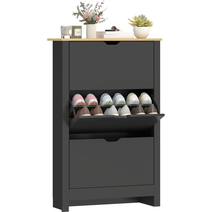 Schuhschrank mit 3 Klapptüren, 2 Fächern, Spanplatten, schwarz-Eiche