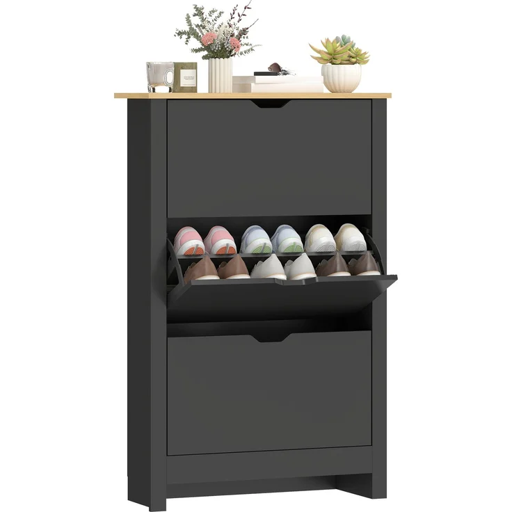 Schuhschrank mit 3 Klapptüren, 2 Fächern, Spanplatten, schwarz-Eiche – Bild 1
