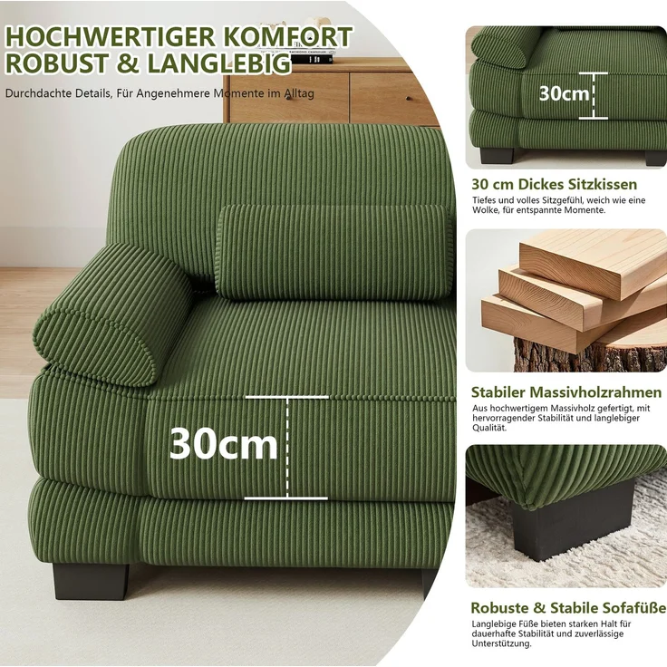 3-Sitzer-Modulsofa 265x88,5x94 cm aus grünem Cord mit Lendenkissen – Bild 7