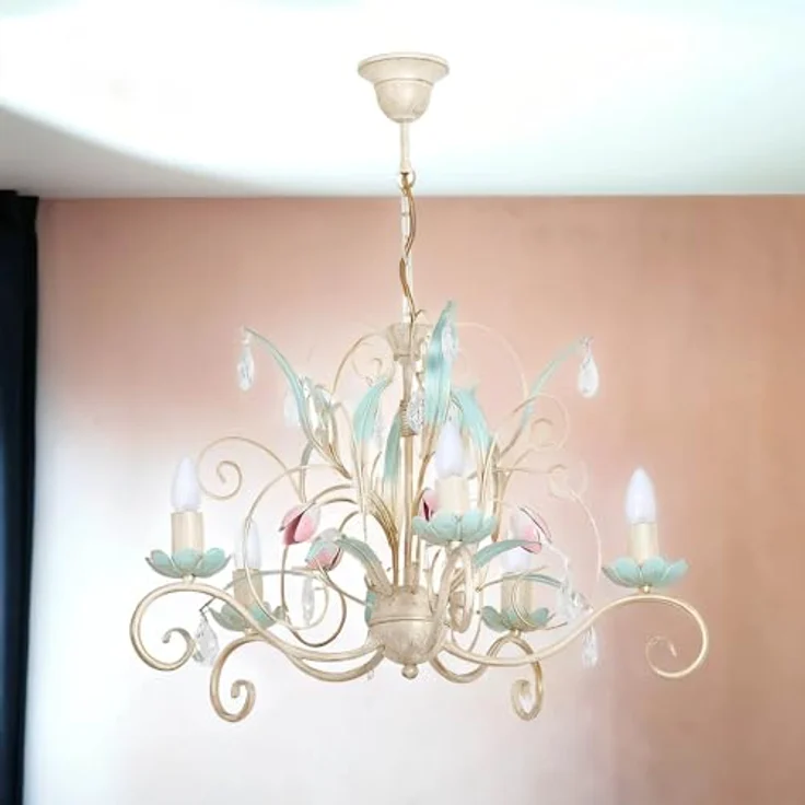 Licht-Erlebnisse Luce Pendelleuchte, florales Design mit handbemalten Verzierungen, höhenverstellbar, E14 Fassung, Rosa-Grün – Bild 4