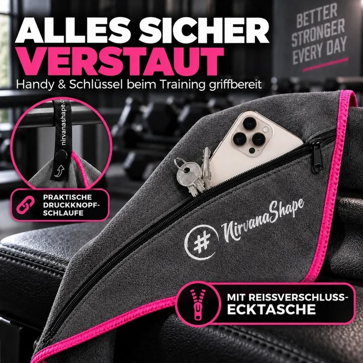 NirvanaShape Sporthandtuch NirvanaShape Mikrofaser Fitnesshandtuch mit Ecktasche und Knöpfen, saugfähig, leicht, schnelltrocknend, für Reisen, Fitness, Yoga, Sauna – Bild 3
