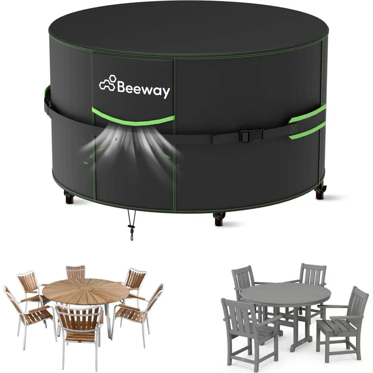 BEEWAY Gartenmöbel Abdeckung Wasserdicht V2.0 Φ190x82 cm Rund, Schutzhülle Abdeckplane für Gartentische Terrassenmöbel Möbelsets - 420D Oxford Gewebe, Anti-UV, Winterfest